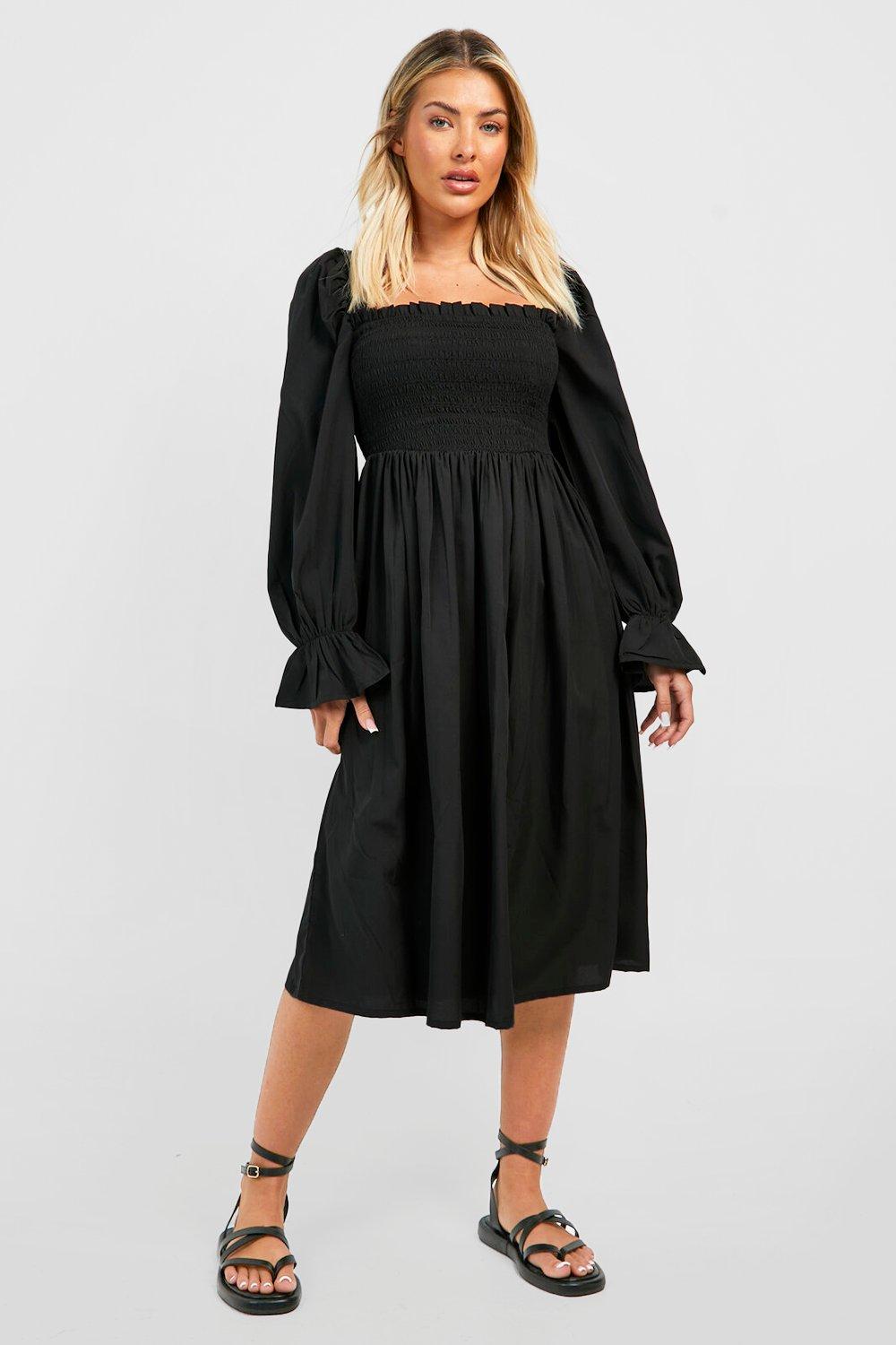 boohoo Puff Sleeve Shirred Midi Dress | Debenhams