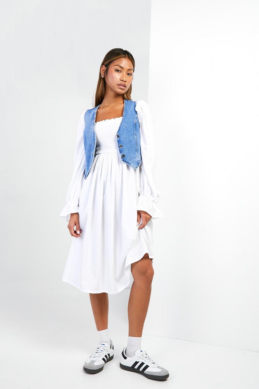 White Puff Sleeve Shirred Midi Dress