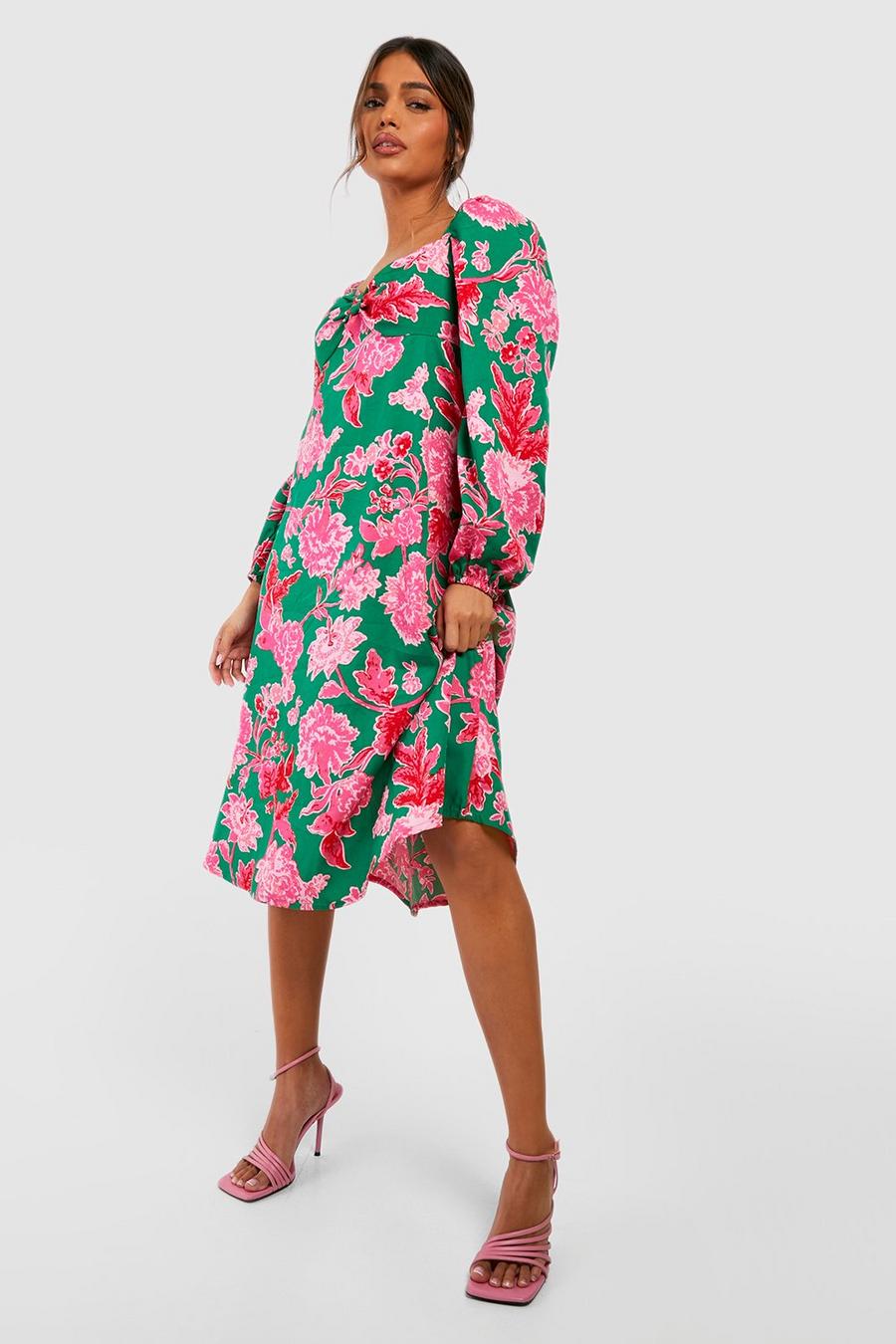 Green Floral Puff Sleeve Midi Dress image number 1