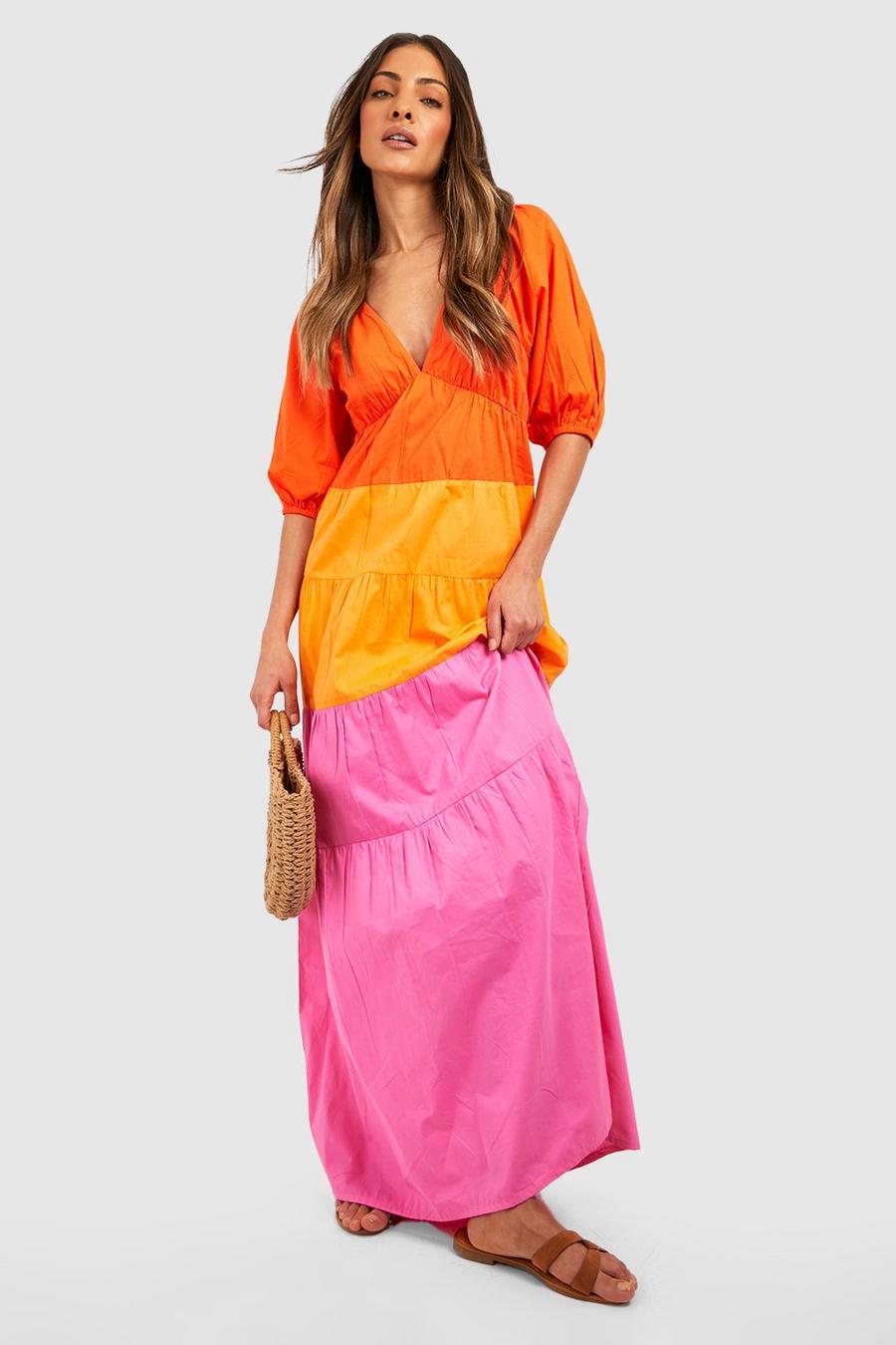 Vestito maxi in cotone popeline a blocchi di colore, Orange