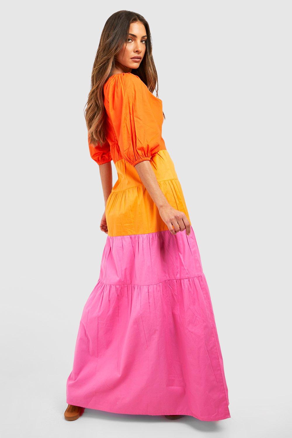 Orange and Pink Color Block Dress