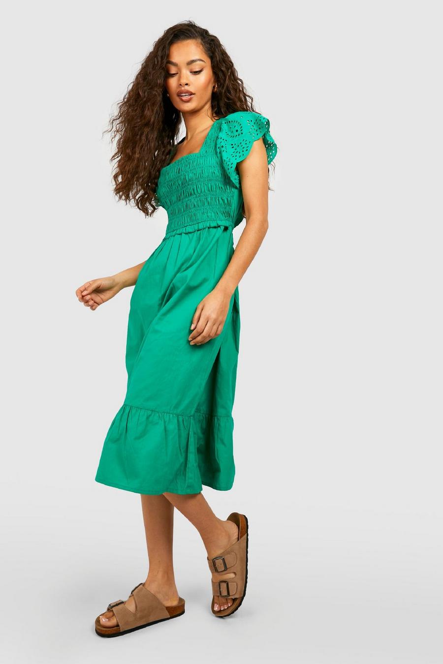 Vestido midi de algodón popelina con bordado inglés, Green image number 1