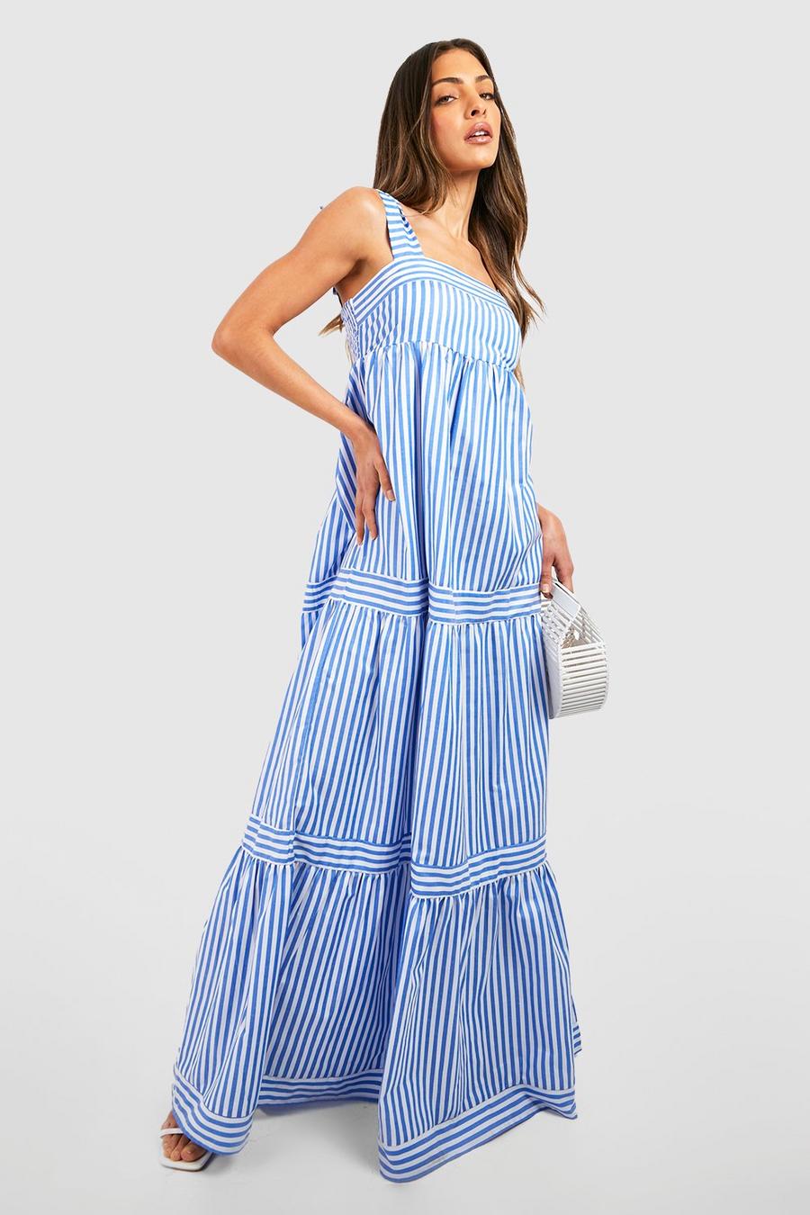 Blue azul Stripe Tiered Maxi Dress