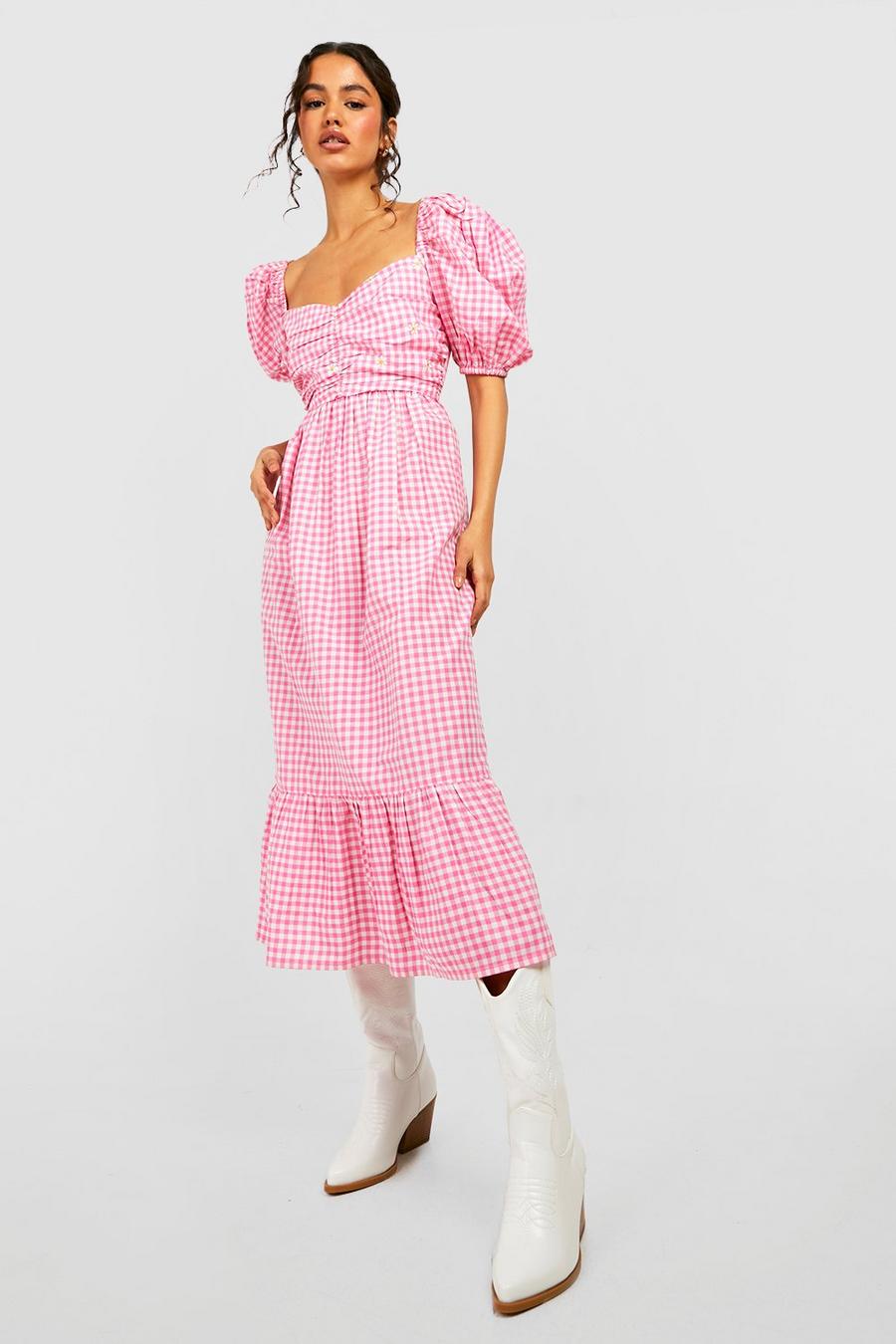 Gingham Puff Sleeve Midi Dress, Pink rosa