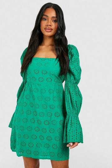 Green Eyelet Puff Sleeve Mini Dress