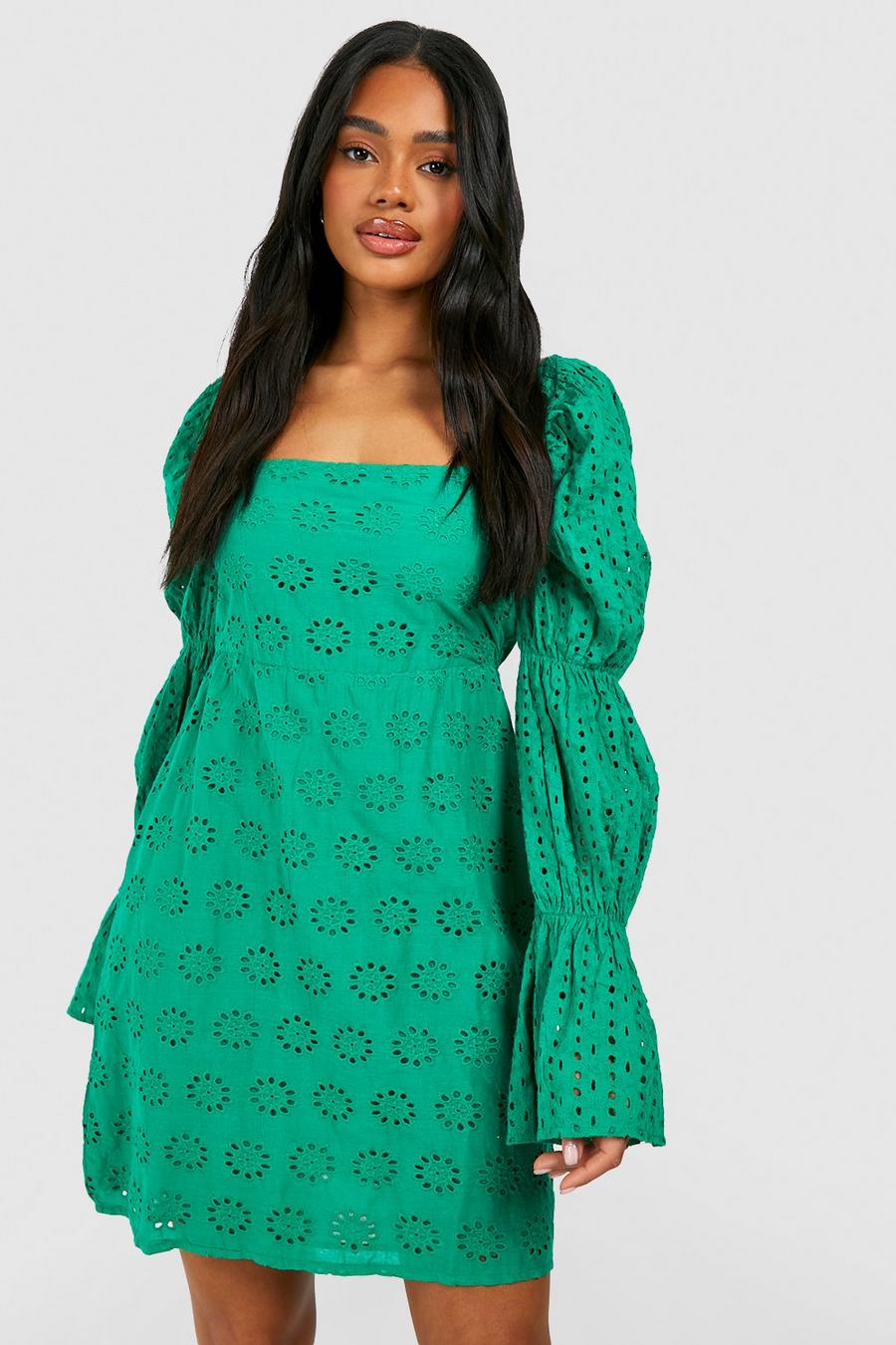 Green grön Broderie Puff Sleeve Mini Dress