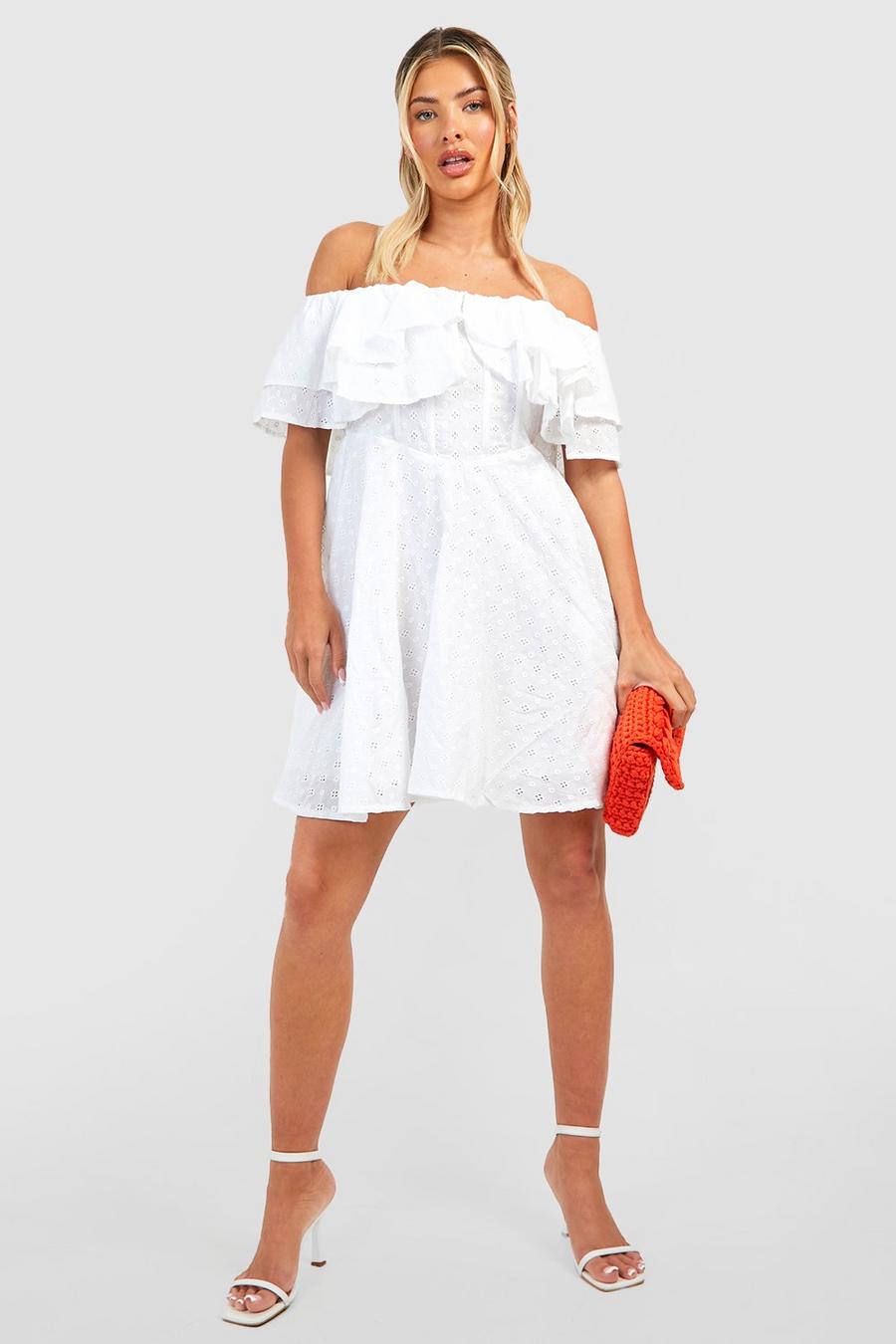 White Broderie Ruffle Off The Shoulder Skater Dress image number 1