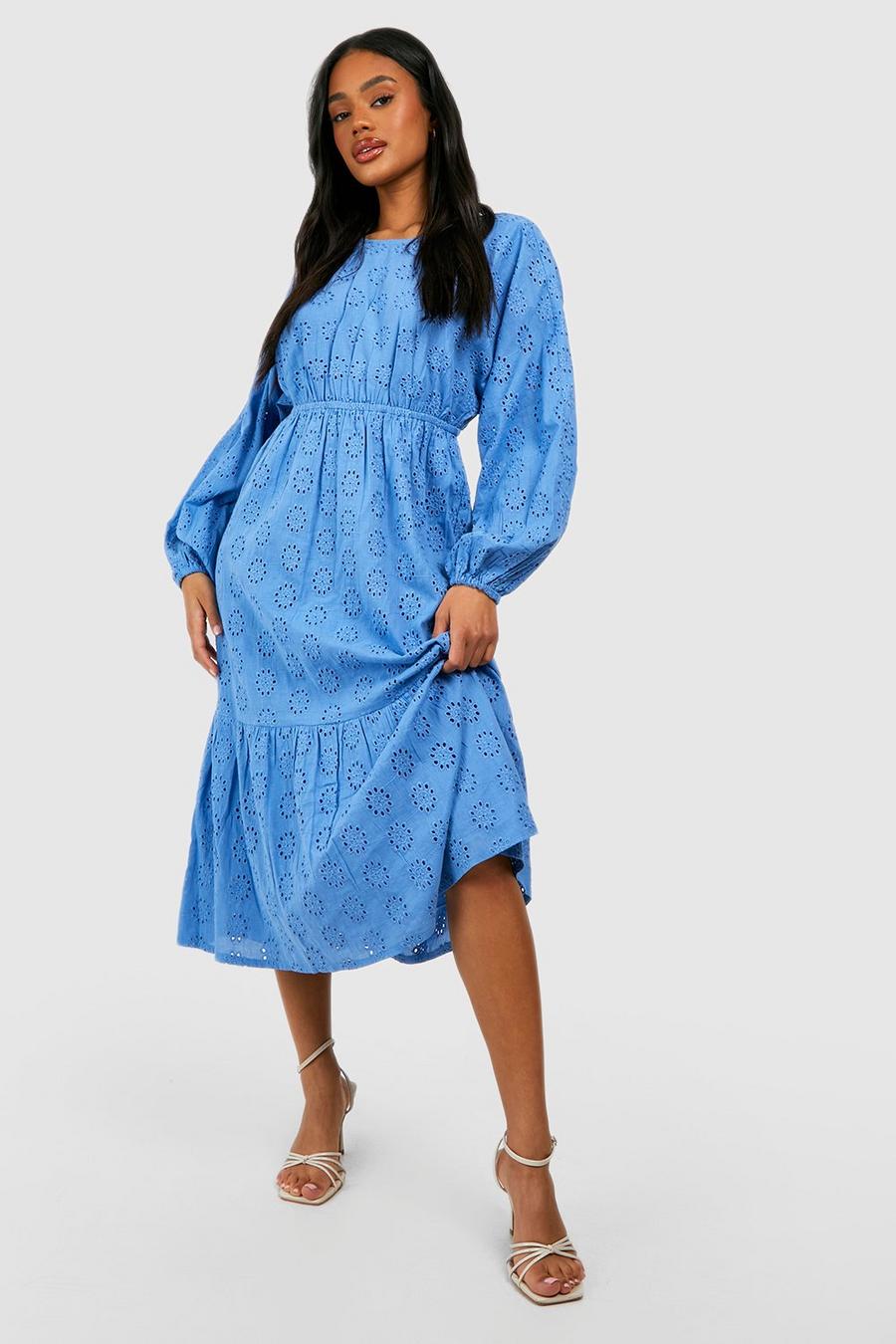 Denim-blue Lång klänning med broderie anglaise och cut-out image number 1