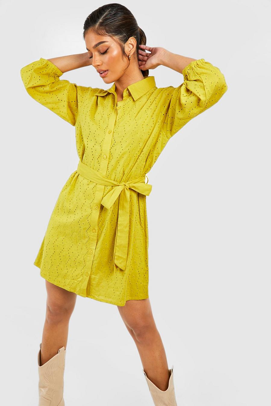 Lime Broderie Tie Belted Shirt Dress image number 1