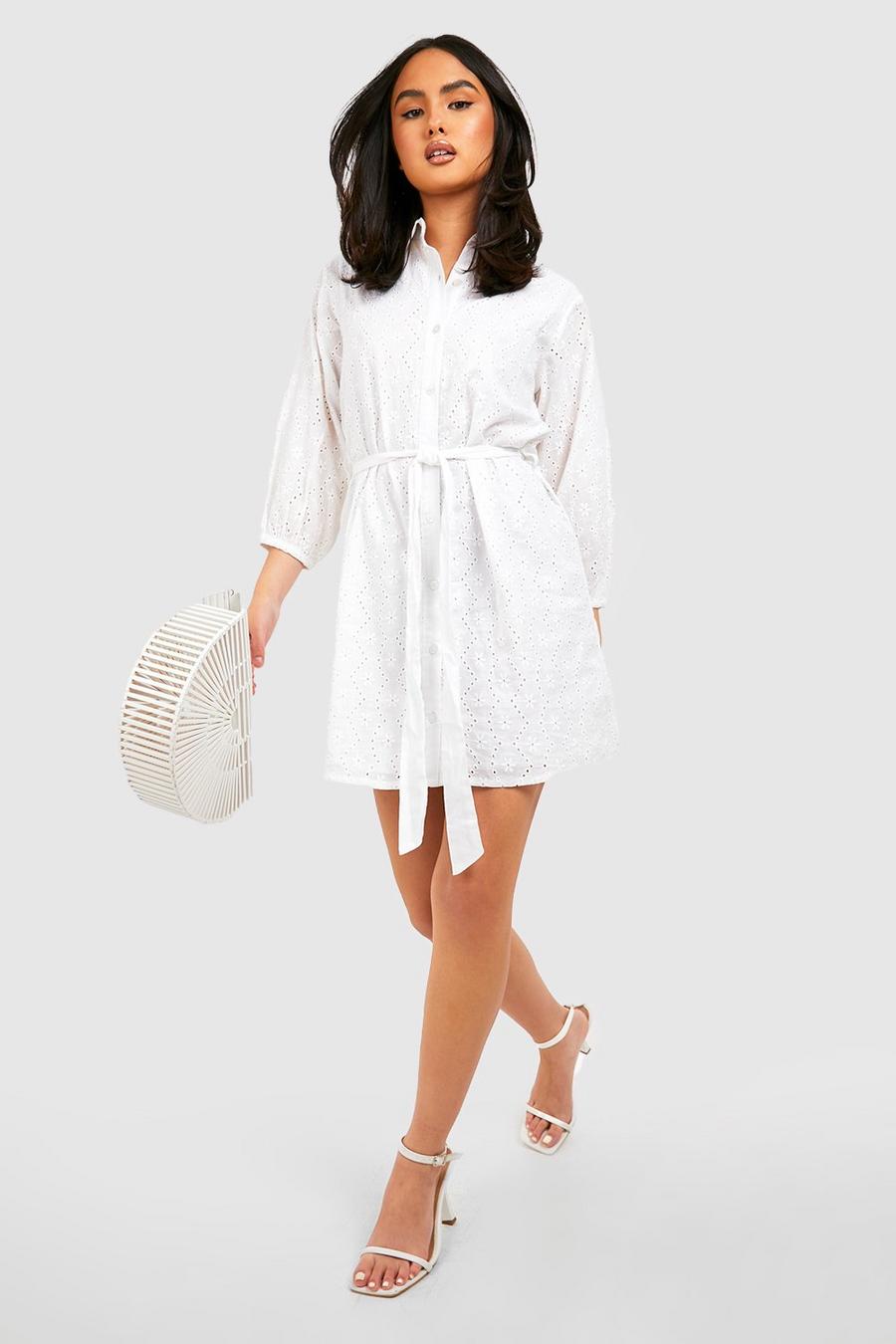 White Broderie Tie Belted Shirt Dress image number 1