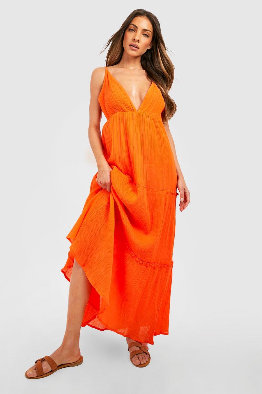 Vestido maxi escotado de estopilla, Orange image number 1