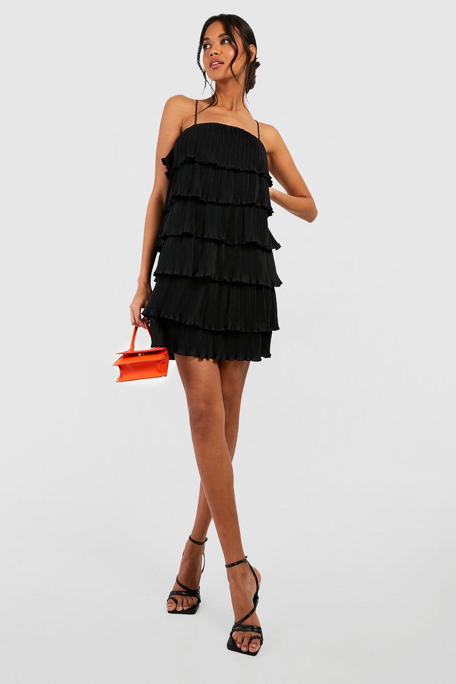 Black Plisse Tiered Mini Dress image number 1