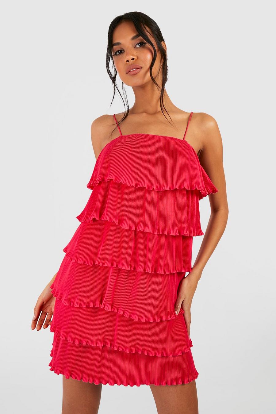 Hot pink Plisse Tiered Mini Dress image number 1
