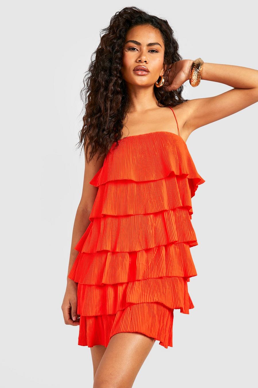 Orange Plisse Tiered Mini Dress