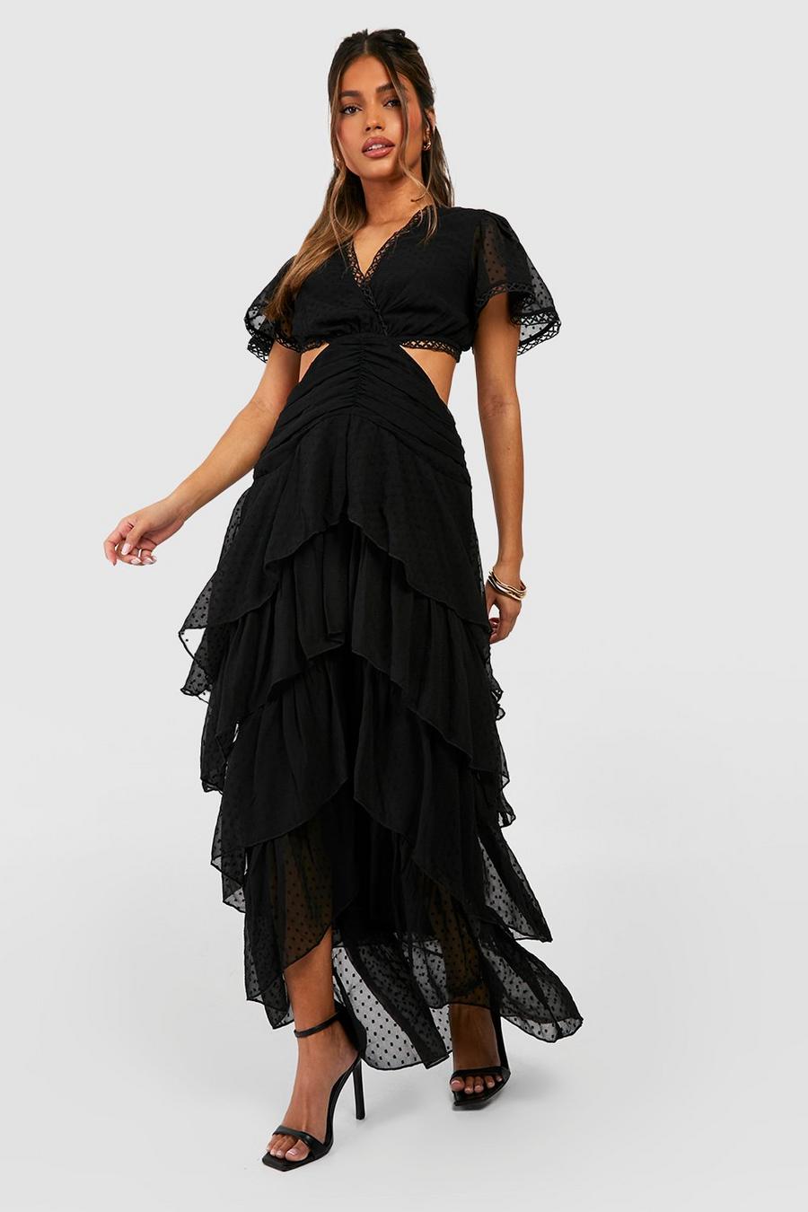 Black Dobby Cut Out Maxi Jurk Met Ruches image number 1