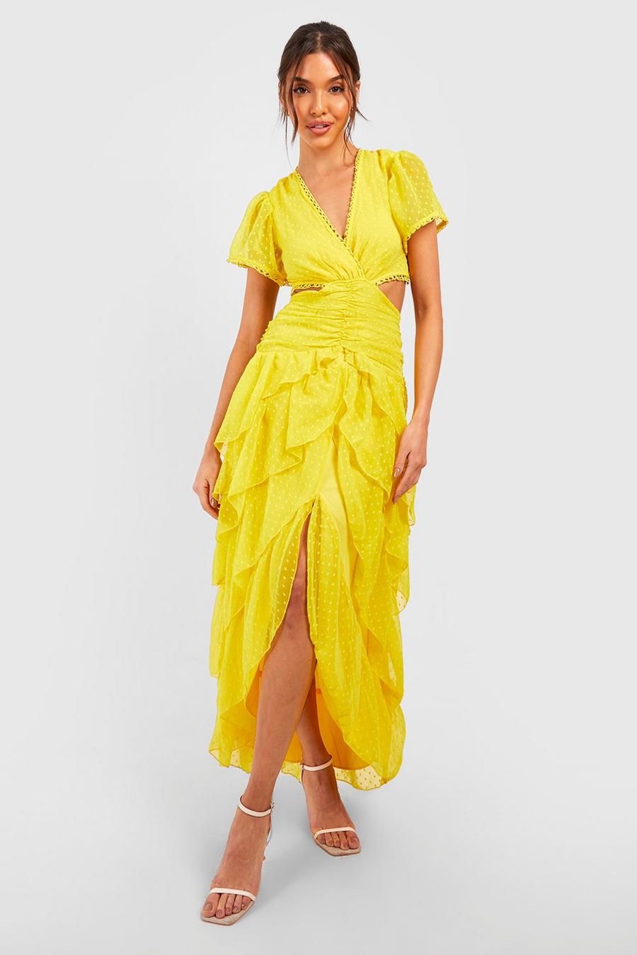 Bright yellow Lång volangklänning med cut-out