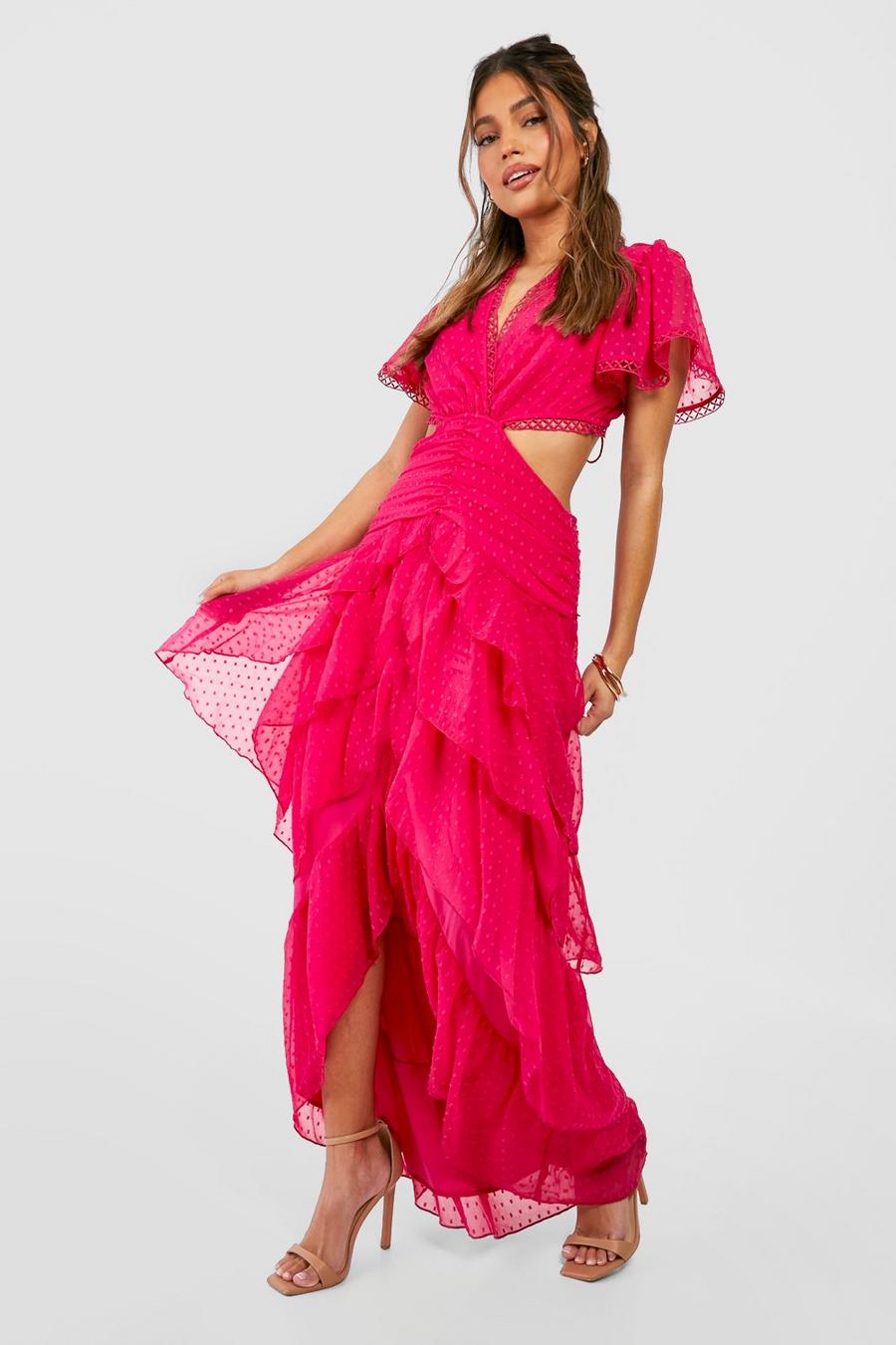 Vestito maxi in rete plumetis con arricciature e cut-out, Hot pink image number 1