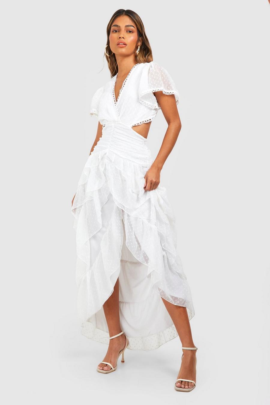White Dobby Cut Out Ruffle Maxi Dress image number 1