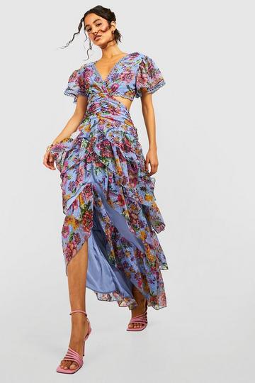 Floral Dobby Cut Out Ruffle Maxi Dress blue