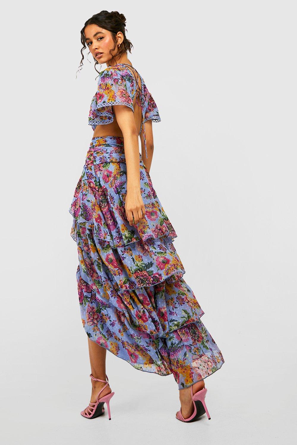 Dobby Bloemen Cut Out Maxi Jurk Met Ruches