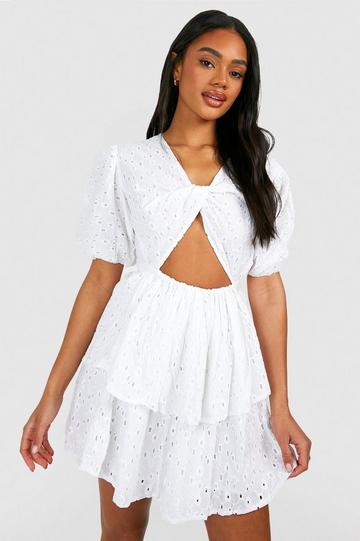 Premium Broderie Twist Detail Skater Dress white