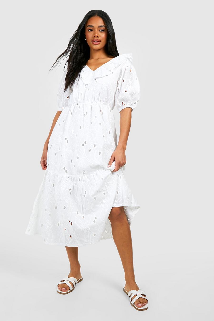 White bianco Premium Broderie Ruffle Detail Midaxi Dress