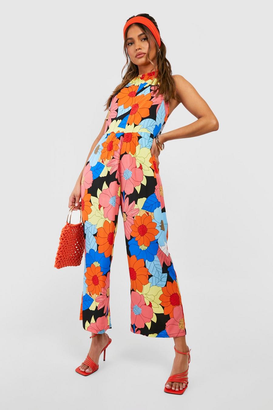 Orange Bold Floral Print Culotte Jumpsuit