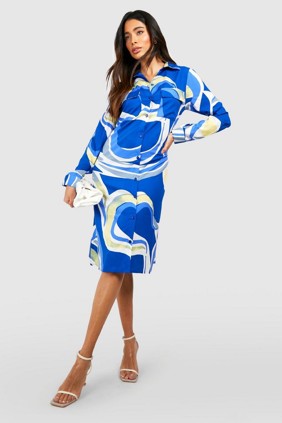 Blue Abstract Oversized Midi Shirt Dress image number 1