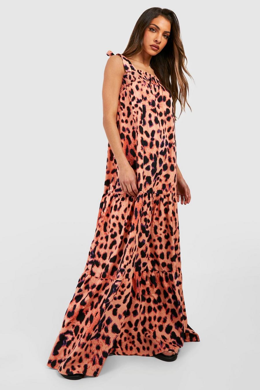 Black Leopard Tie Detail Tiered Maxi Dress image number 1