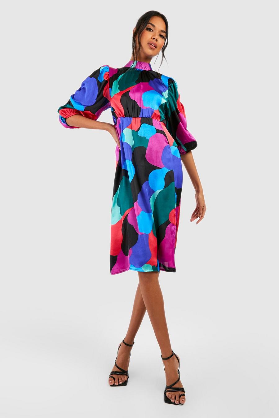 Multi Abstract Satin Puff Sleeve Midi Dress image number 1