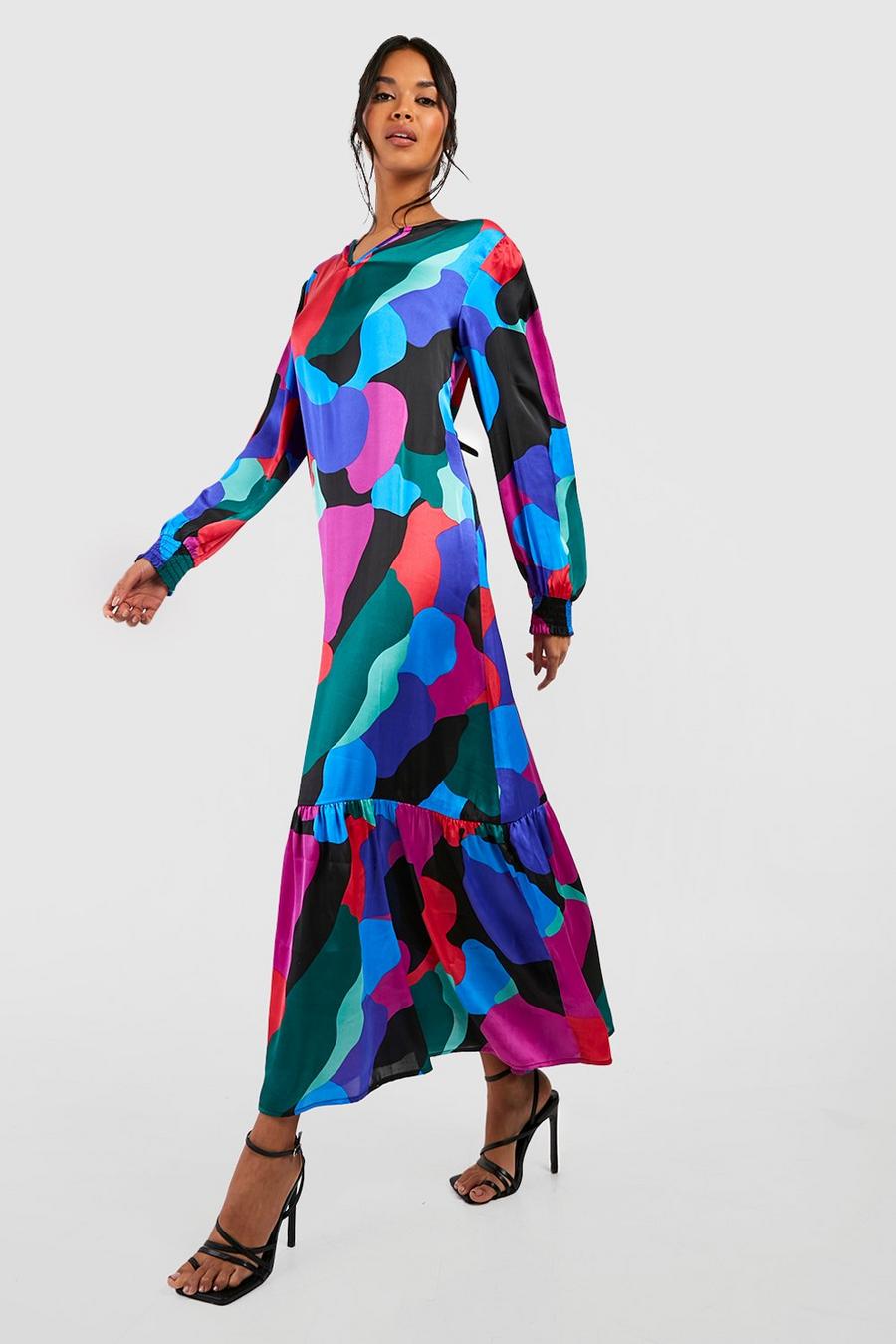Pink Abstract Print Satin Smock Midaxi Dress image number 1