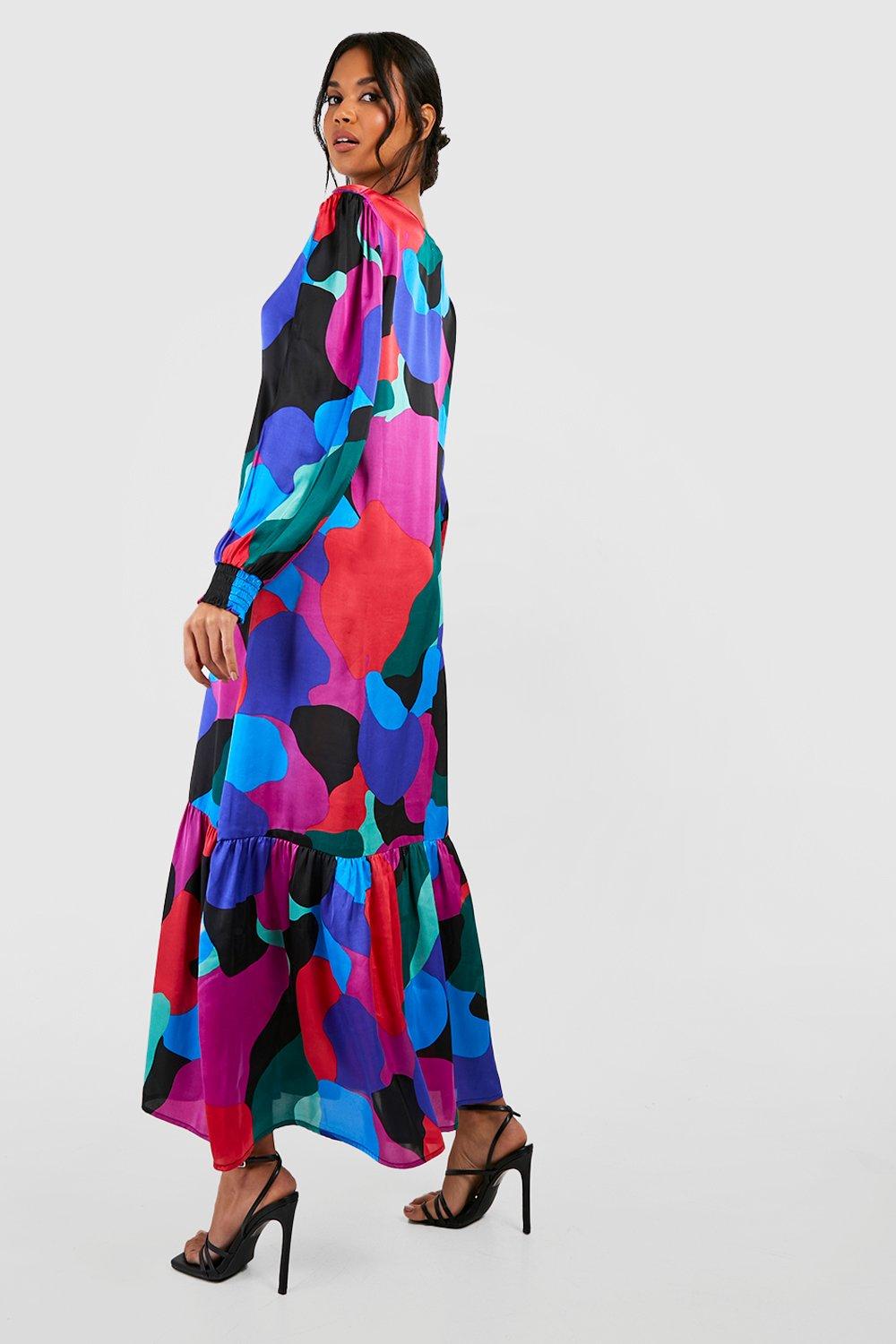 Robe longue satin e imprim abstrait boohoo