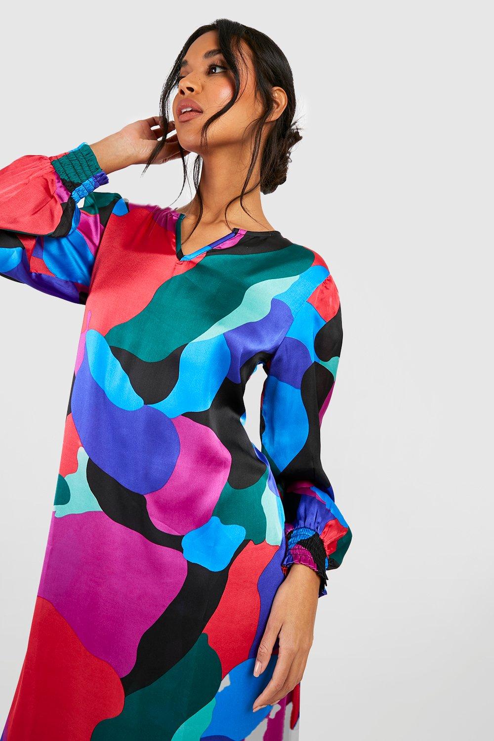 Robe longue satin e imprim abstrait boohoo