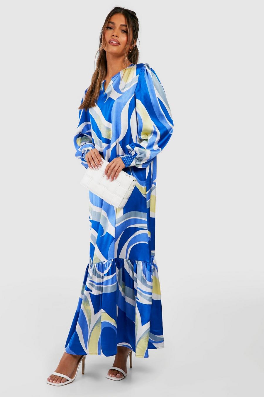 Blue bleu Abstract Print Satin Smock Midaxi Dress