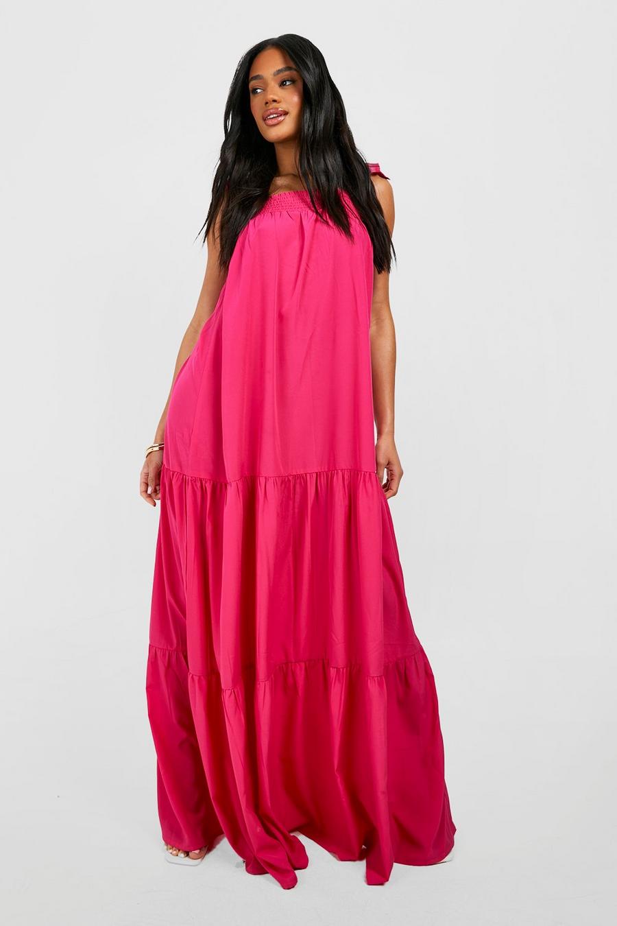 Hot pink Tie Detail Tiered Maxi Dress image number 1