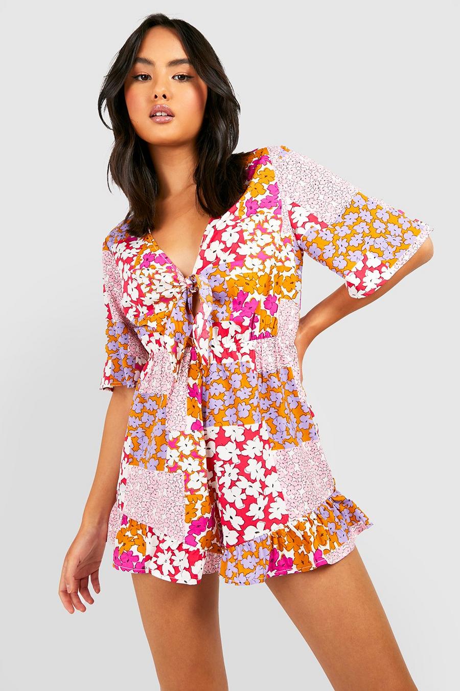 Multi Floral Woven Flippy Tie Front Romper image number 1