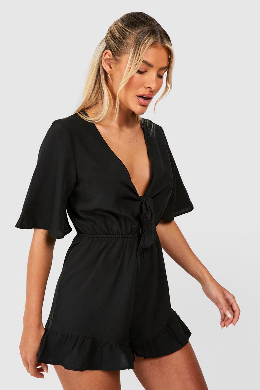 Black Woven Flippy Tie Front Playsuit image number 1