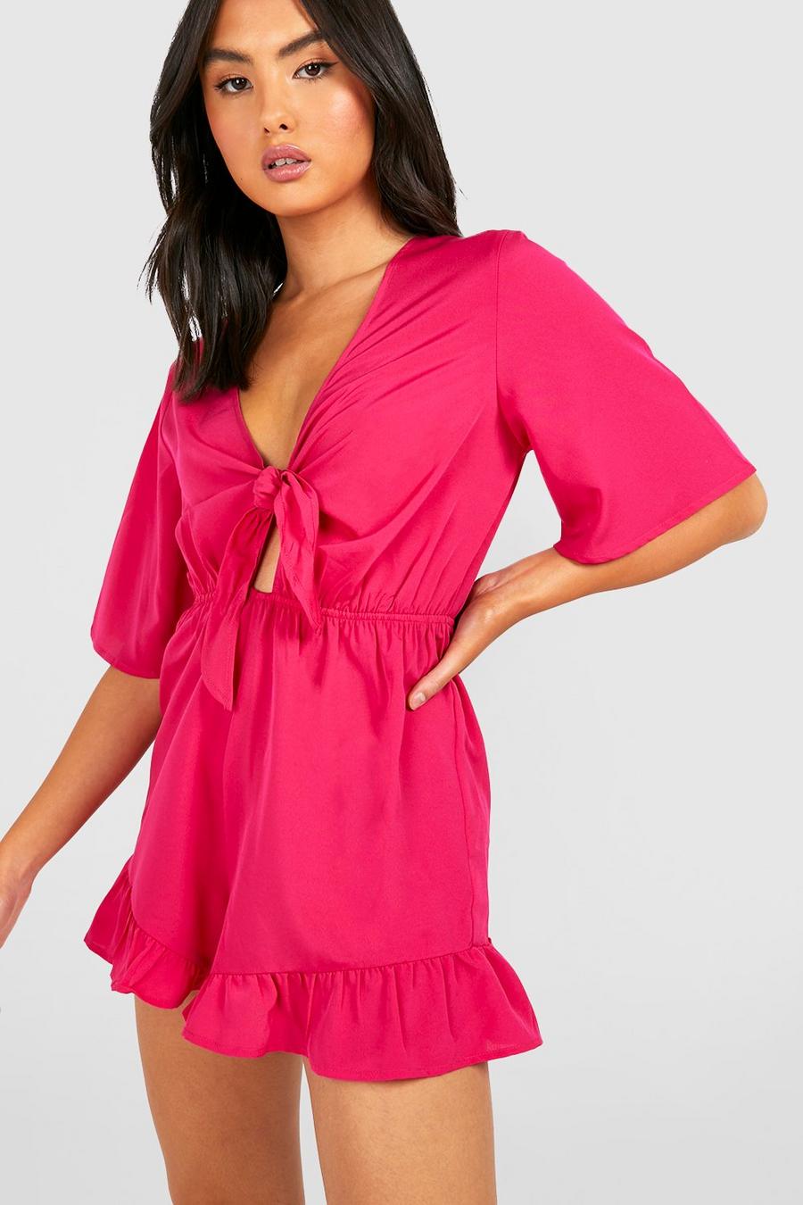 Hot pink Woven Flippy Tie Front Playsuit image number 1