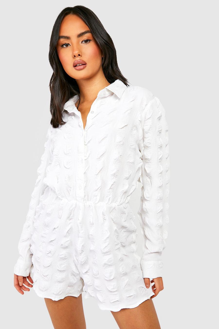 White Textured Shirt Playsuit  image number 1