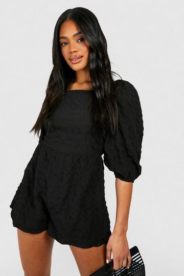 Textured Puff Sleeve Romper black