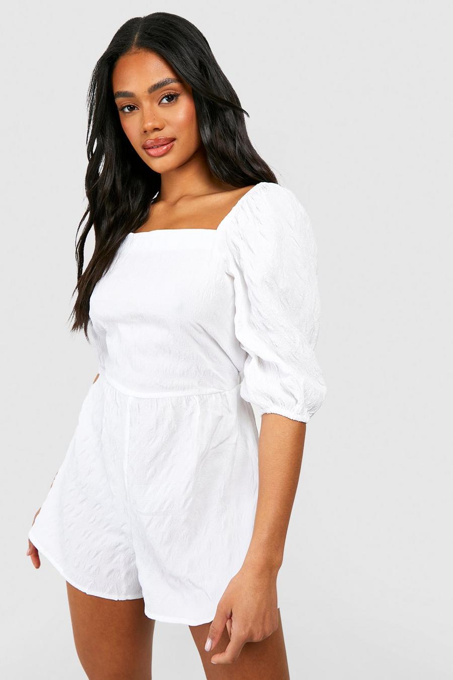 White Textured Puff Sleeve Playsuit image number 1