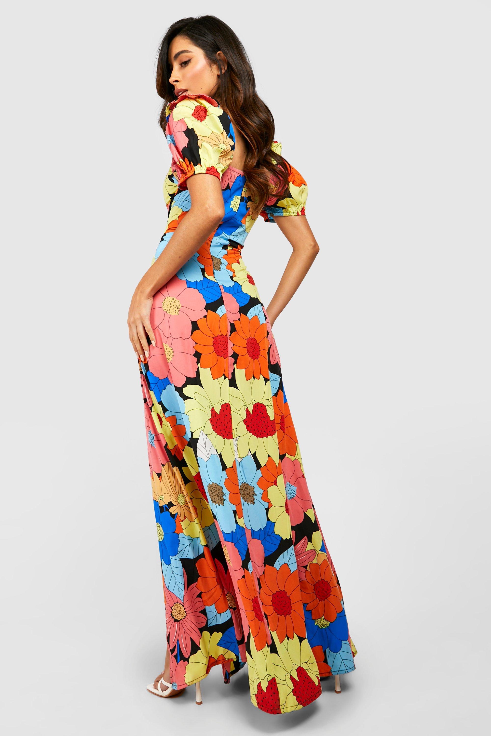 Bold Floral Puff Sleeve Maxi Dress