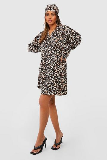 Leopard Print Shirt Dress With Headscarf brown