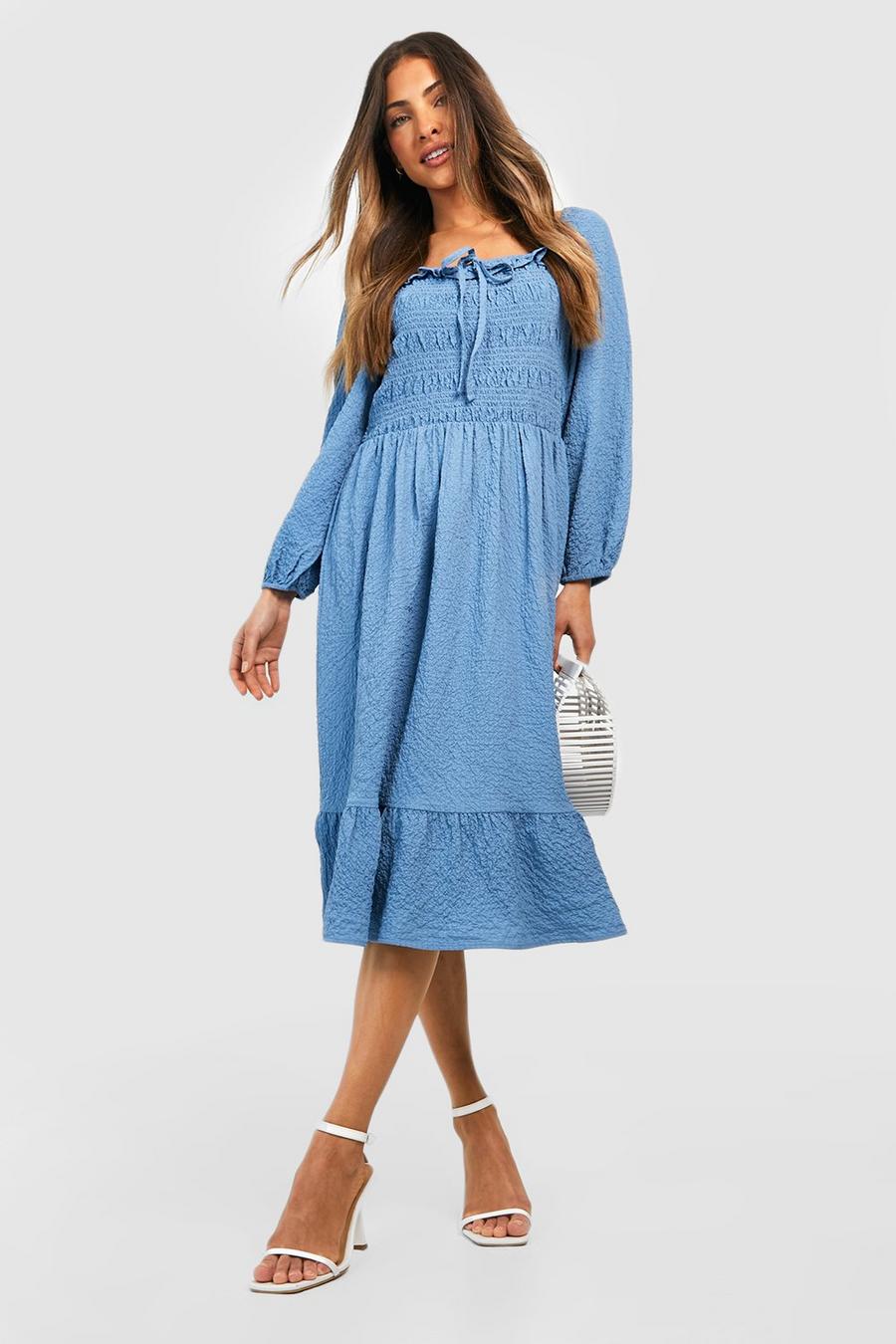 Pale blue Textured Ruffle Shirred Skater Dress image number 1
