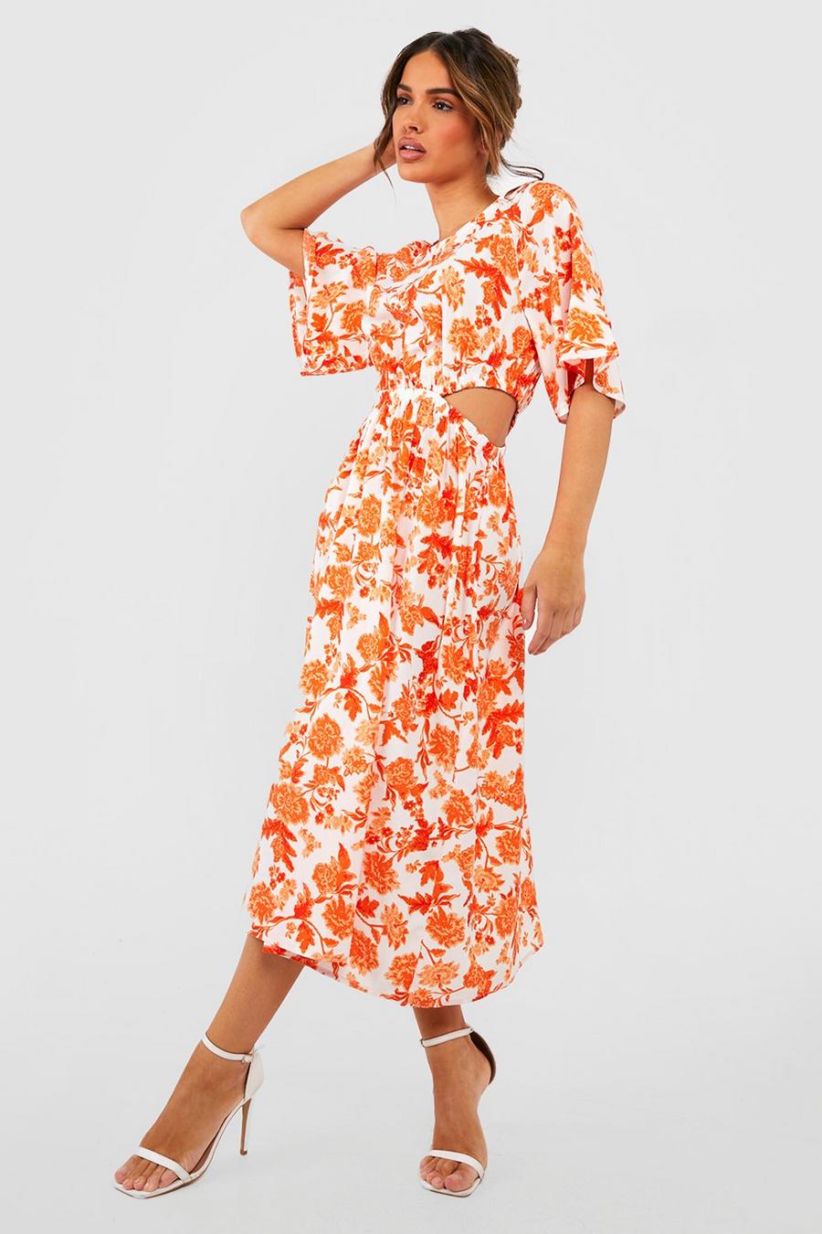 Orange Floral Angel Sleeve Midi Dress 