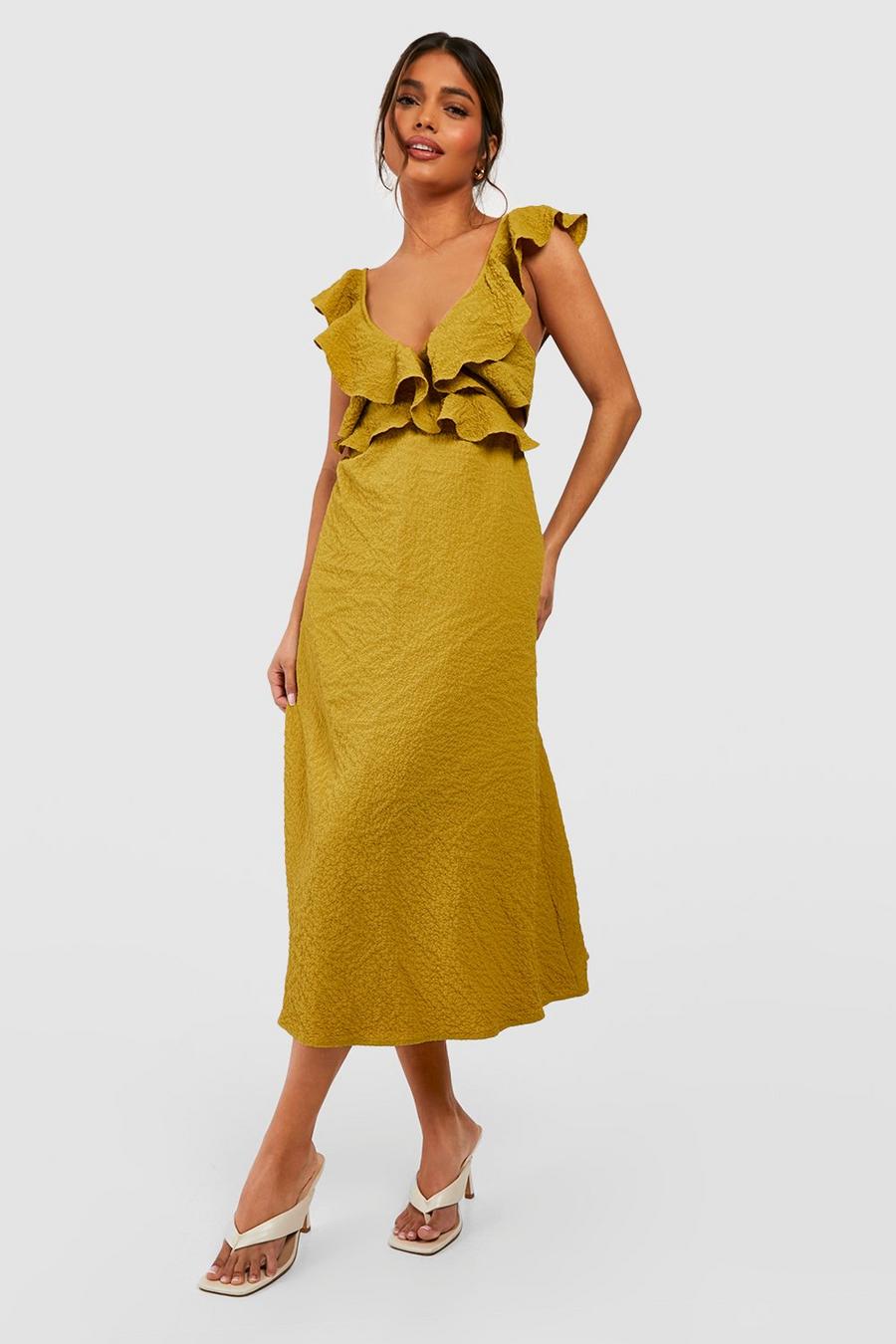 Olive Textured Ruffle Midi Dress image number 1
