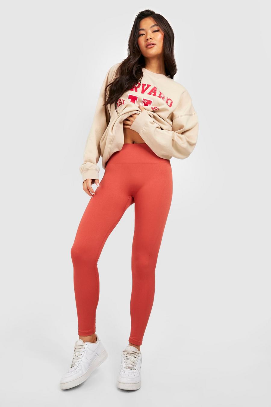 Rust Ribbed Seamless High Waisted Leggings image number 1