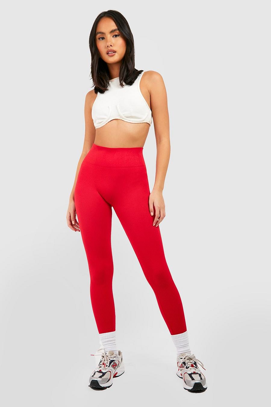 Red Ribbed Seamless High Waisted Leggings image number 1