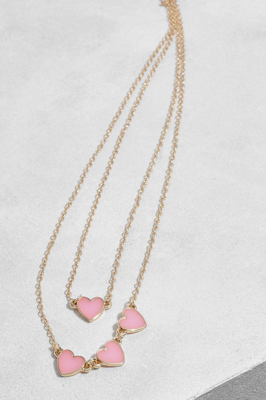 Enamel Pink Heart Double Row Necklace