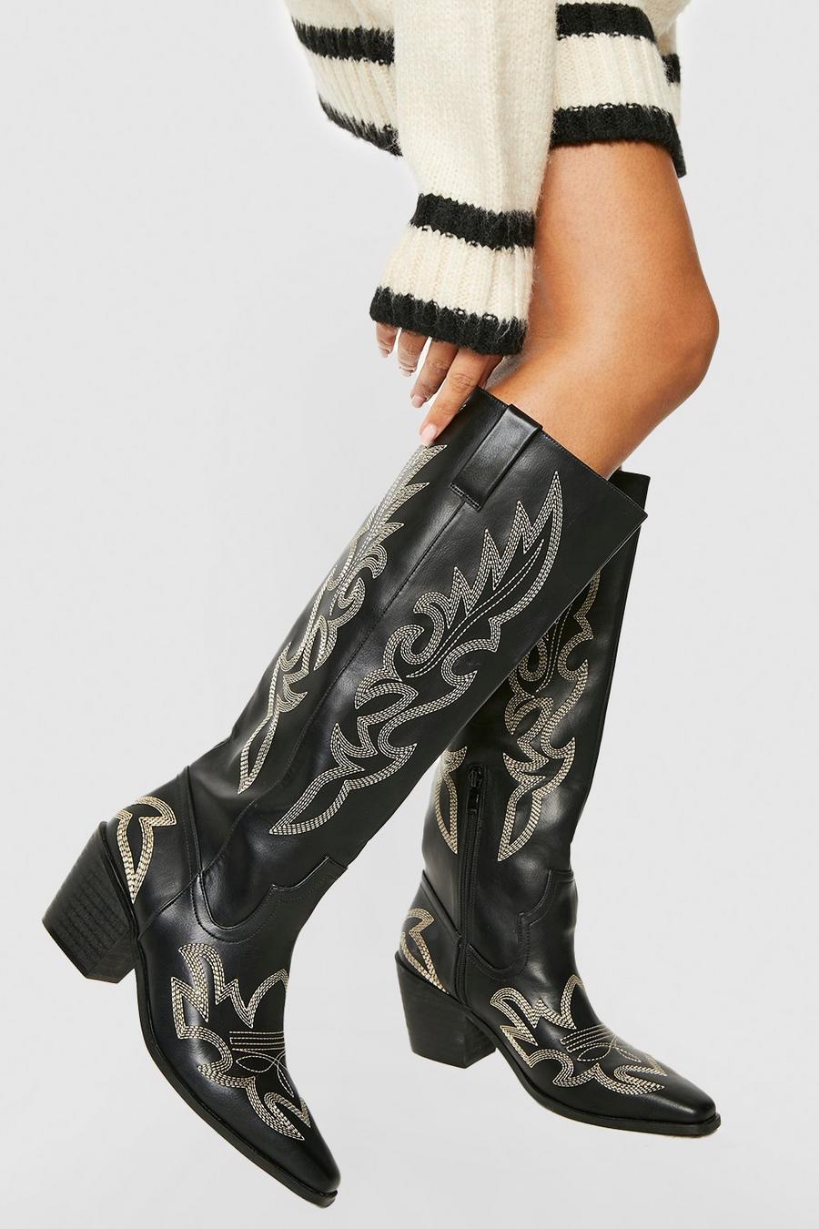 Squared Off Knee High Western Cowboy Boots, Black negro